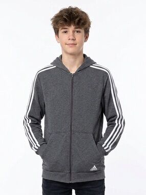 Adidas Teen 15-16 Years Dark Gray Zip Hoodie Triple White Sleeve Stripes Sporty
